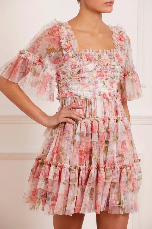 Needle and Thread Summer Song Peaches Smocked Micro Mini Dress Multi Women Printed Dresses