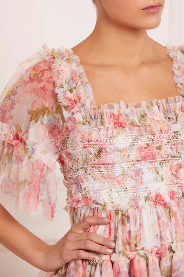 Needle and Thread Summer Song Peaches Smocked Micro Mini Dress Multi Women Printed Dresses