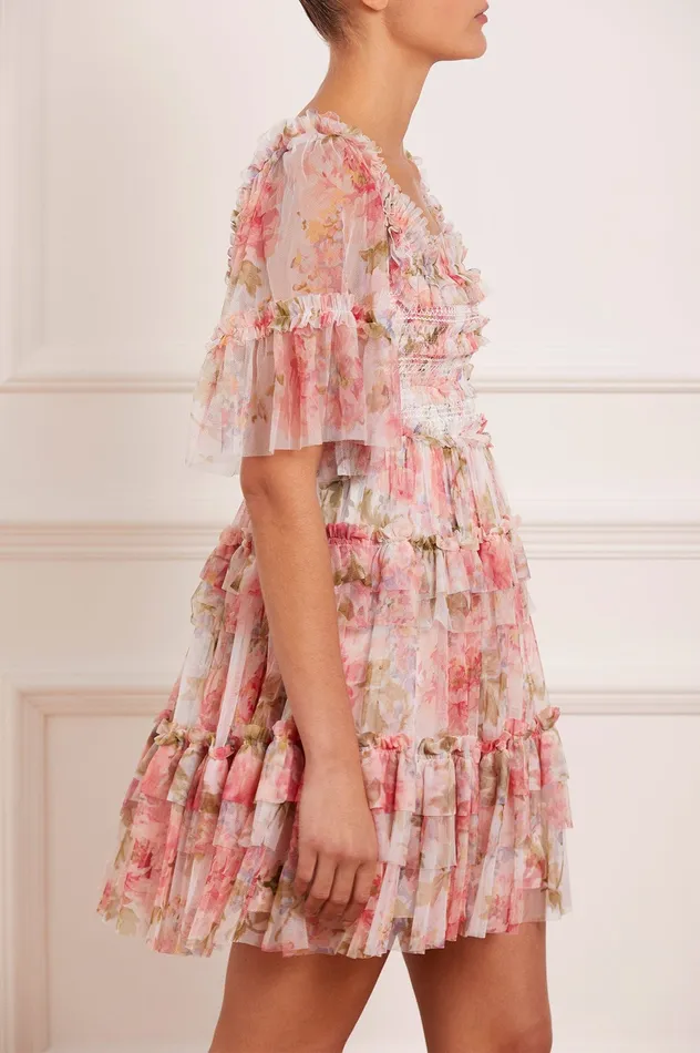 Needle and Thread Summer Song Peaches Smocked Micro Mini Dress Multi Women Printed Dresses