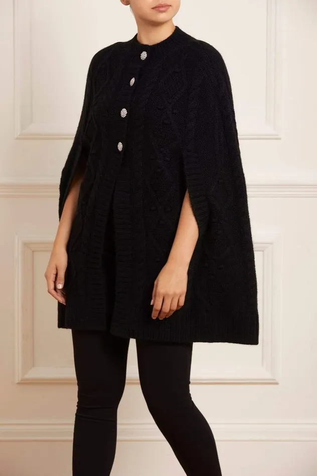 Needle and Thread Sylvie Cable Jewelled Knee Length Cape Black Women Knitwear