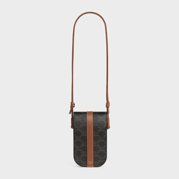 Phone Pouch In Triomphe Canvas And Calfskin Tan Men CELINE TECH ACCESSORIES Phone Pouch In Triomphe Canvas And Calfskin Tan Men CELINE TECH ACCESSORIES