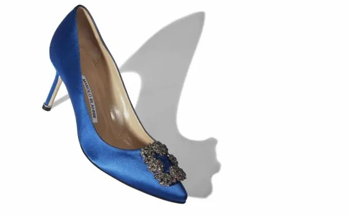 Pumps Women Manolo Blahnik HANGISI 70Blue Satin Jewel Buckle Pumps