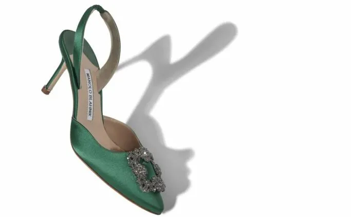 Pumps Women Manolo Blahnik HANGISLIGreen Satin Jewel Buckle Slingback Pumps