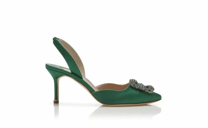 Pumps Women Manolo Blahnik HANGISLIGreen Satin Jewel Buckle Slingback Pumps Pumps Women Manolo Blahnik HANGISLIGreen Satin Jewel Buckle Slingback Pumps