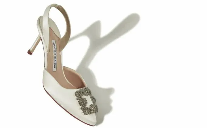 Pumps Women Manolo Blahnik HANGISLIWhite Satin Jewel Buckle Slingback Pumps
