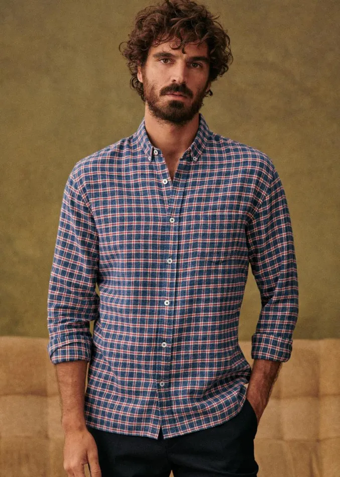 Szane Shirts Mens Flannel Charlie Shirt Blue Ecru Red Checks