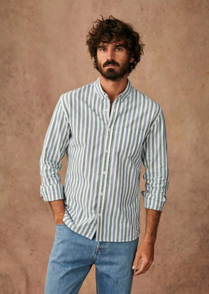 Szane Shirts Mens Oxford Charlie Shirt Blue Whit Green Stripes