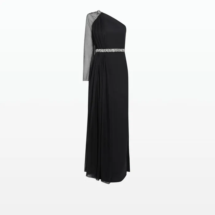 Safiyaa Anita Black Long Dress With Embroidered Belt Women Dresses