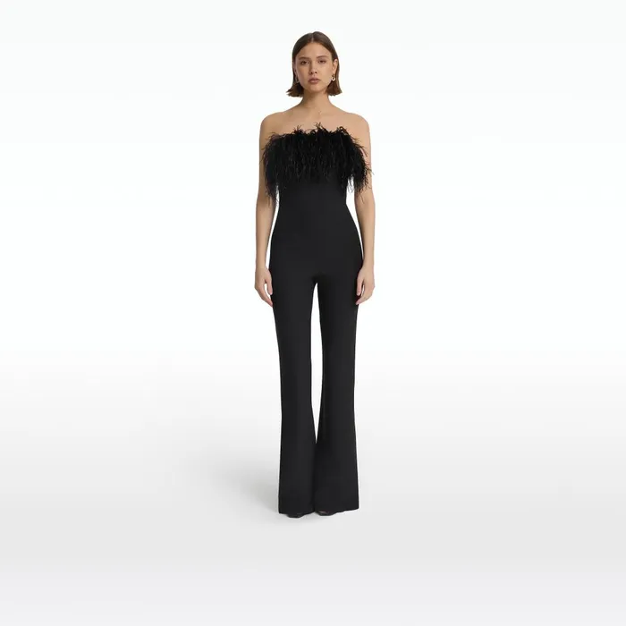 Safiyaa Myrine Black Feathertrimmed Jumpsuit Women Jumpsuits