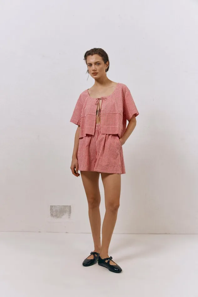 Short Sleeve Women VRG GRL The Sea and I Smock Top Red Short Sleeve Women VRG GRL The Sea and I Smock Top Red