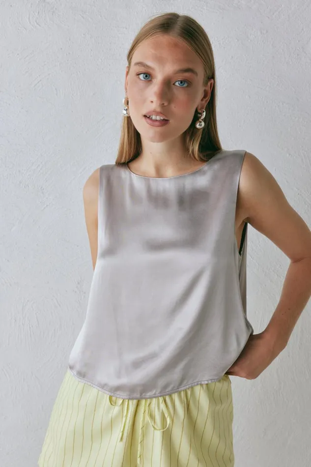 Sleeveless Women VRG GRL Lira Satin Top Silver Sleeveless Women VRG GRL Lira Satin Top Silver