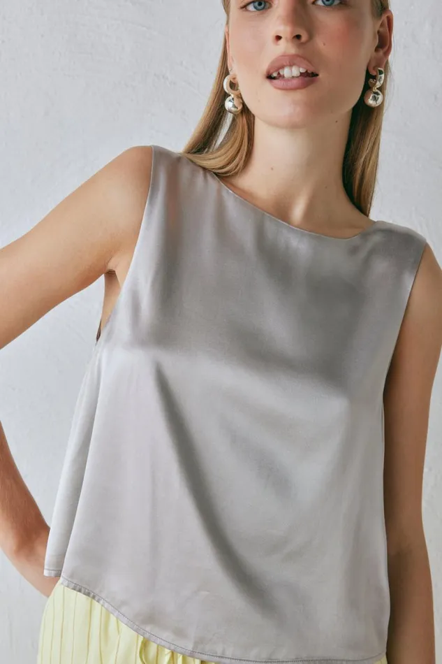 Sleeveless Women VRG GRL Lira Satin Top Silver Sleeveless Women VRG GRL Lira Satin Top Silver