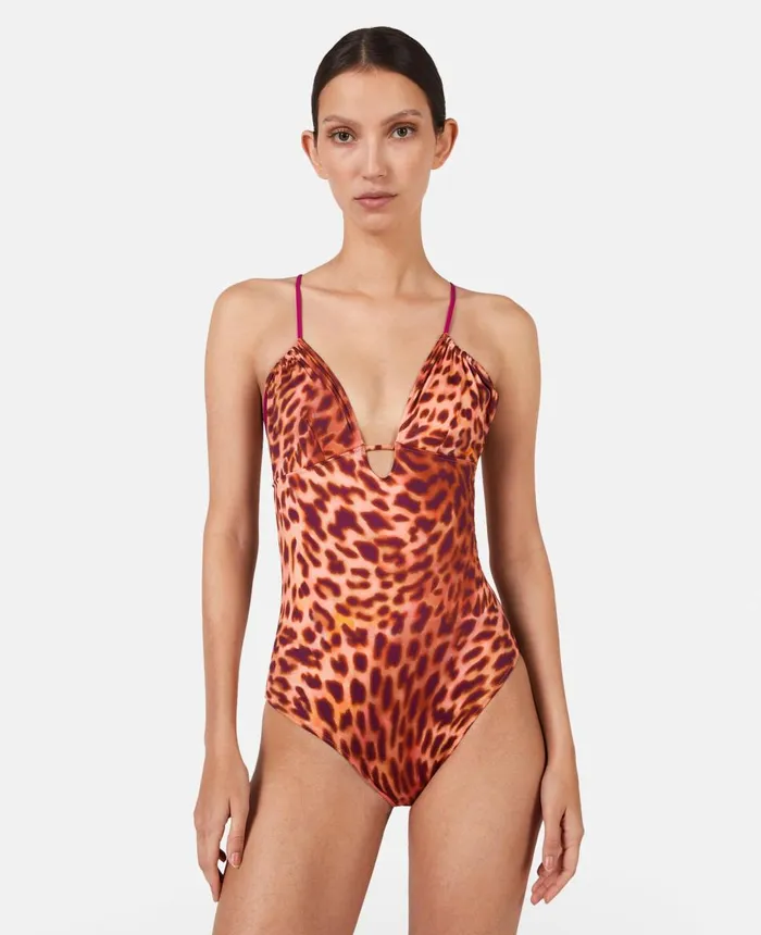 Stella McCartney Blurred Cheetah Print CrossBack Swimsuit Pink Women Swimwear Stella McCartney Blurred Cheetah Print CrossBack Swimsuit Pink Women Swimwear