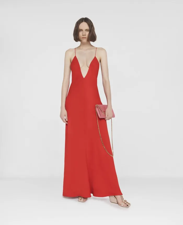 Stella McCartney Compact Crepe VNeck Maxi Dress Scarlet Red Women Dresses