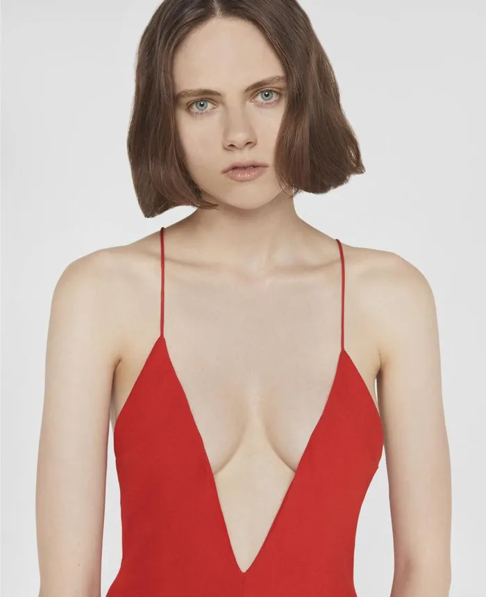 Stella McCartney Compact Crepe VNeck Maxi Dress Scarlet Red Women Dresses