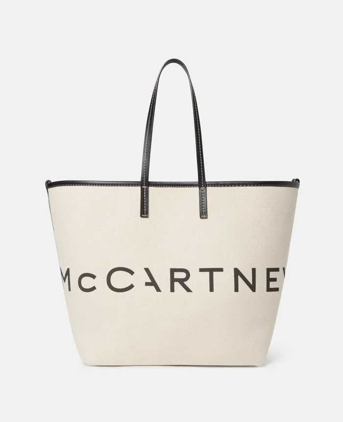 Stella McCartney Logo Canvas Beach Tote Bag Ecru Women Tote Bags