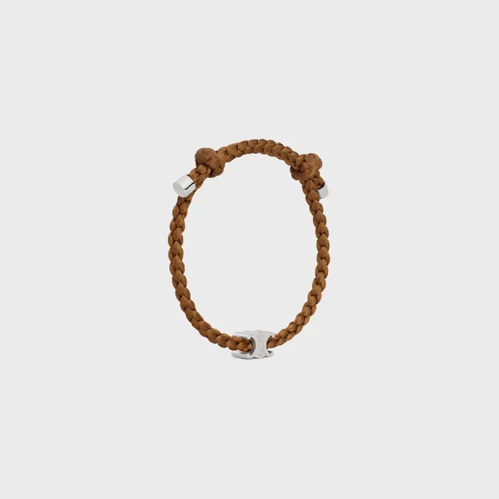 Triomphe Beach Bracelet In Silk And Brass With Rhodium Finish Tan Silver Men CELINE BRACELETS and RINGS Triomphe Beach Bracelet In Silk And Brass With Rhodium Finish Tan Silver Men CELINE BRACELETS and RINGS