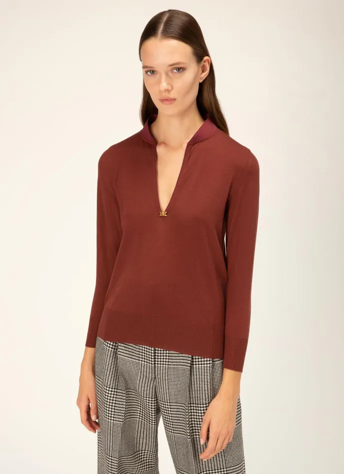 Women Bally Knitwear VNeck Sweater 8211 Wool Top In Heritage Red
