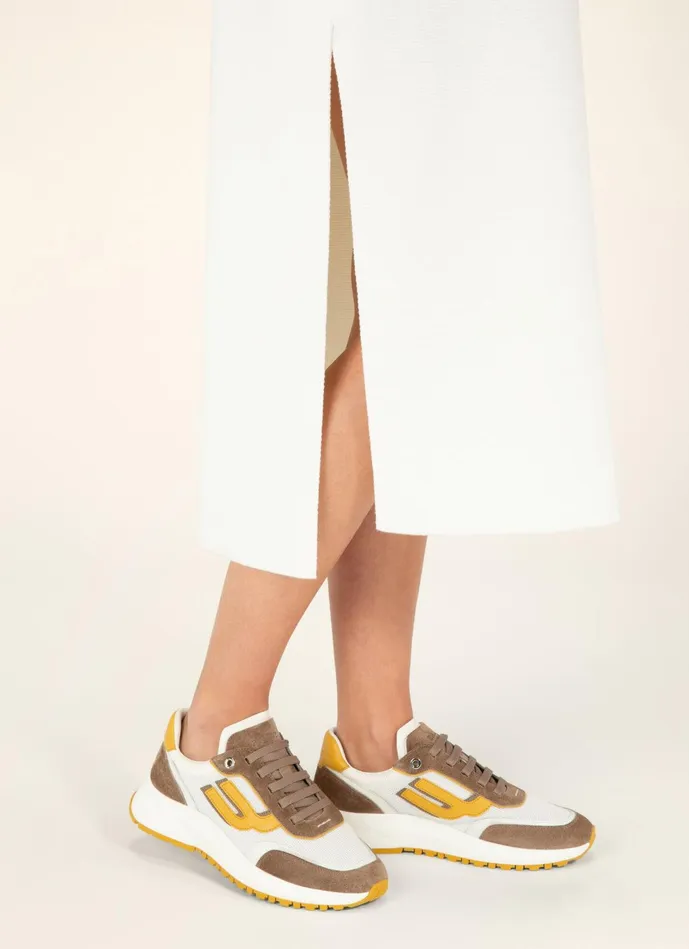 Women Bally Sneakers Demmy 8211 Mesh and Leather Sneakers In Taupe Yellow and White