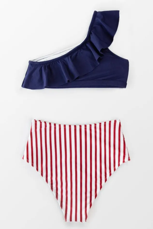 Women Bikini Sets Cupshe One Shoulder Ruffle Striped Bikini Multicolor