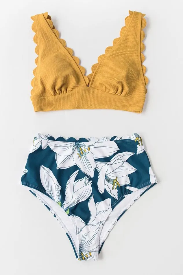 Women Bikini Sets Cupshe Yellow And Floral VNeck Scalloped Bikini Multicolor