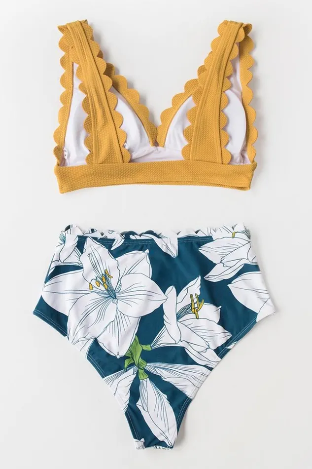 Women Bikini Sets Cupshe Yellow And Floral VNeck Scalloped Bikini Multicolor
