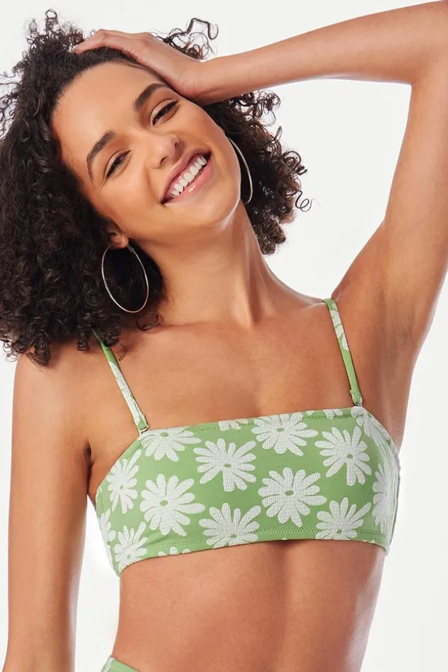 Women Bikini Tops Cupshe Light Green Floral Bandeau Bikini Top Light Green