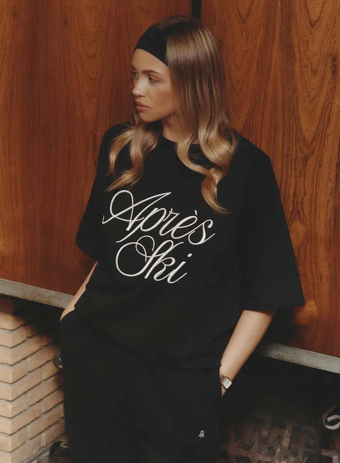Women Black Embroidered Apres Ski Slogan TShirt Asher 4th and Reckless Athleisure