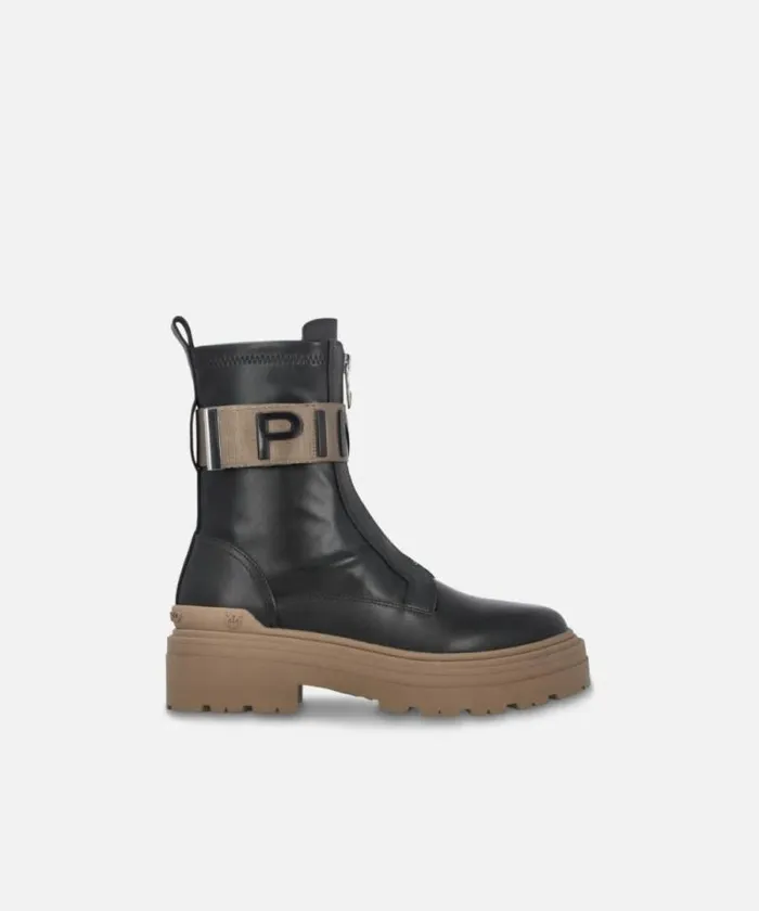 Women Boots Pinko Leather Combat Boots With Branded Front Stretch Ribbon Limo Black Women Boots Pinko Leather Combat Boots With Branded Front Stretch Ribbon Limo Black