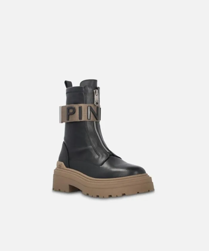 Women Boots Pinko Leather Combat Boots With Branded Front Stretch Ribbon Limo Black Women Boots Pinko Leather Combat Boots With Branded Front Stretch Ribbon Limo Black