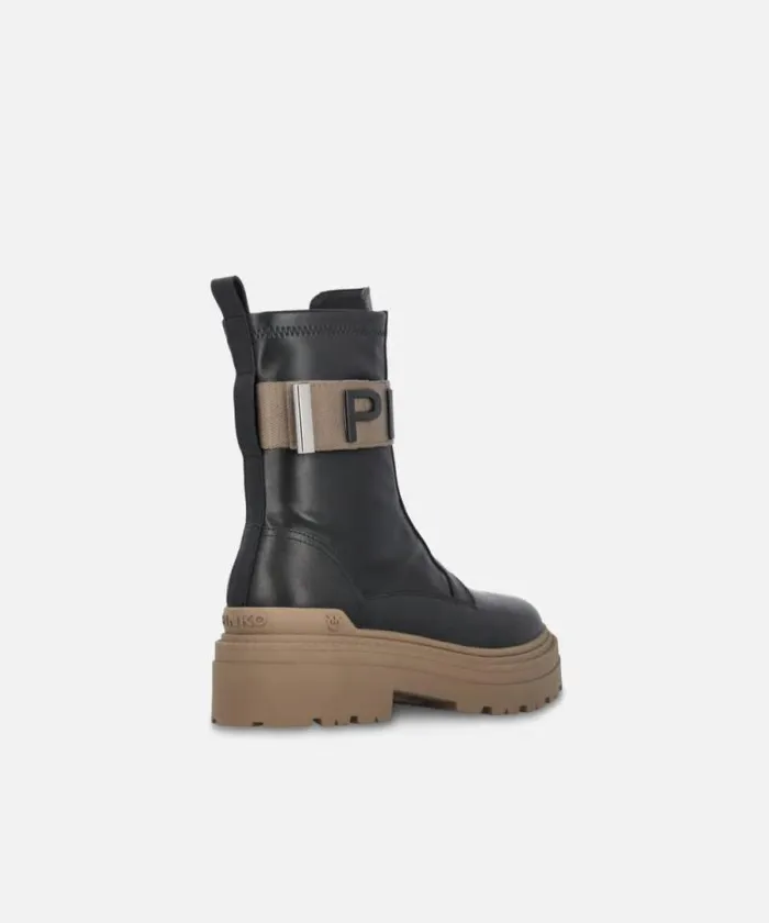 Women Boots Pinko Leather Combat Boots With Branded Front Stretch Ribbon Limo Black Women Boots Pinko Leather Combat Boots With Branded Front Stretch Ribbon Limo Black