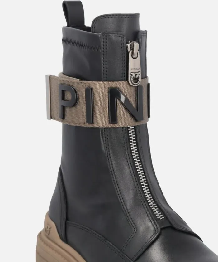 Women Boots Pinko Leather Combat Boots With Branded Front Stretch Ribbon Limo Black Women Boots Pinko Leather Combat Boots With Branded Front Stretch Ribbon Limo Black