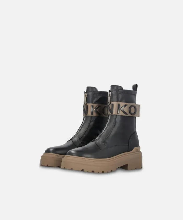 Women Boots Pinko Leather Combat Boots With Branded Front Stretch Ribbon Limo Black Women Boots Pinko Leather Combat Boots With Branded Front Stretch Ribbon Limo Black