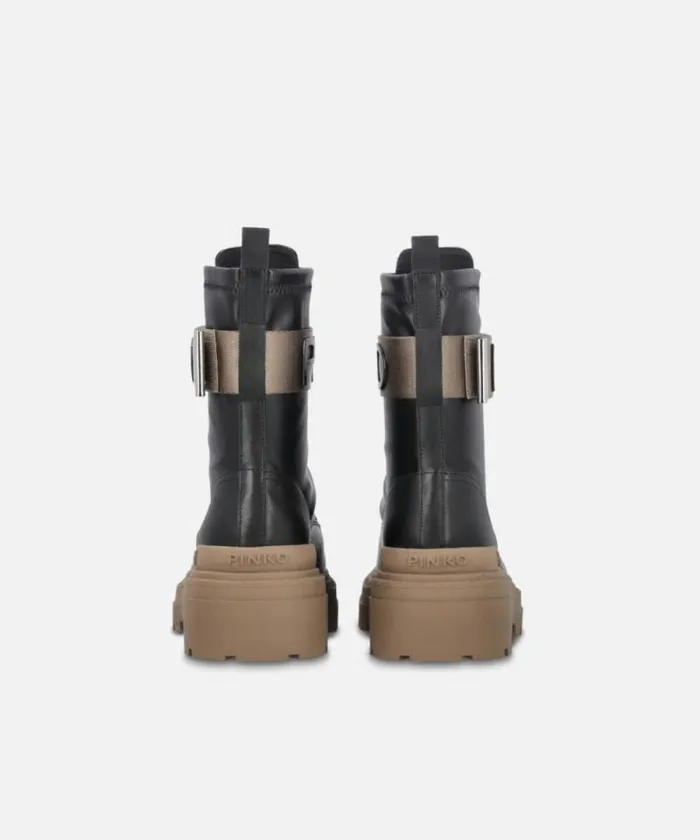 Women Boots Pinko Leather Combat Boots With Branded Front Stretch Ribbon Limo Black Women Boots Pinko Leather Combat Boots With Branded Front Stretch Ribbon Limo Black