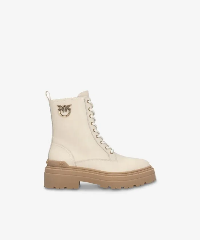 Women Boots Pinko Leather Combat Boots With Metal Logo Yoghurt