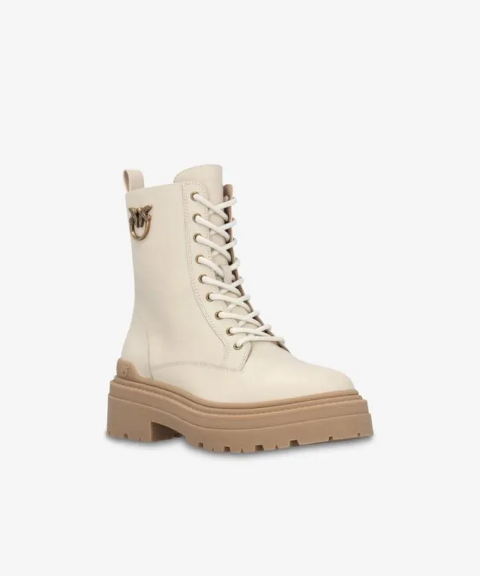 Women Boots Pinko Leather Combat Boots With Metal Logo Yoghurt Women Boots Pinko Leather Combat Boots With Metal Logo Yoghurt