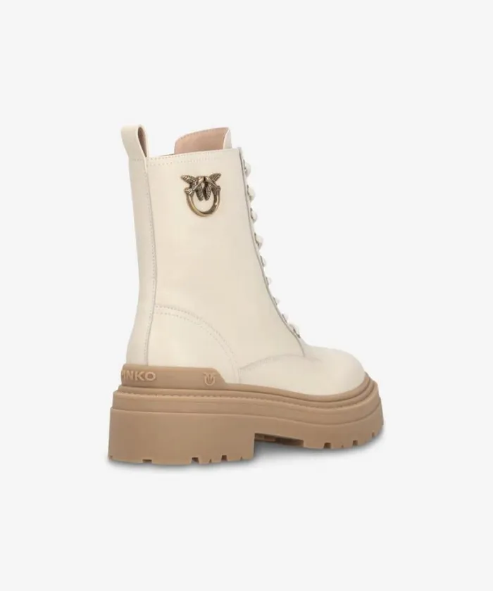 Women Boots Pinko Leather Combat Boots With Metal Logo Yoghurt Women Boots Pinko Leather Combat Boots With Metal Logo Yoghurt