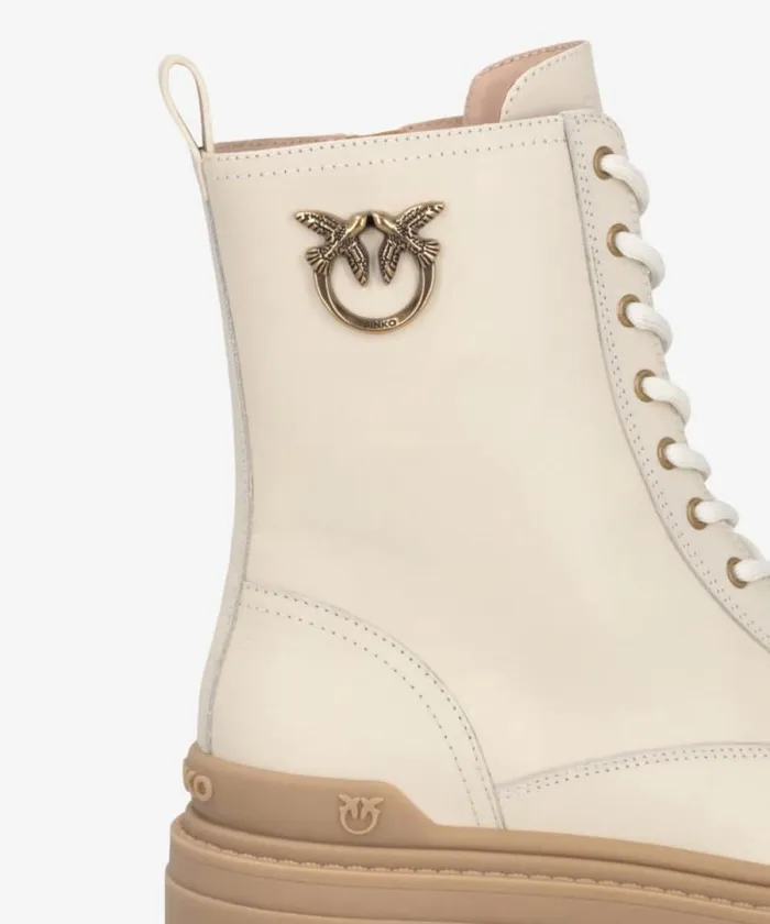 Women Boots Pinko Leather Combat Boots With Metal Logo Yoghurt Women Boots Pinko Leather Combat Boots With Metal Logo Yoghurt
