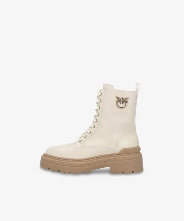 Women Boots Pinko Leather Combat Boots With Metal Logo Yoghurt Women Boots Pinko Leather Combat Boots With Metal Logo Yoghurt