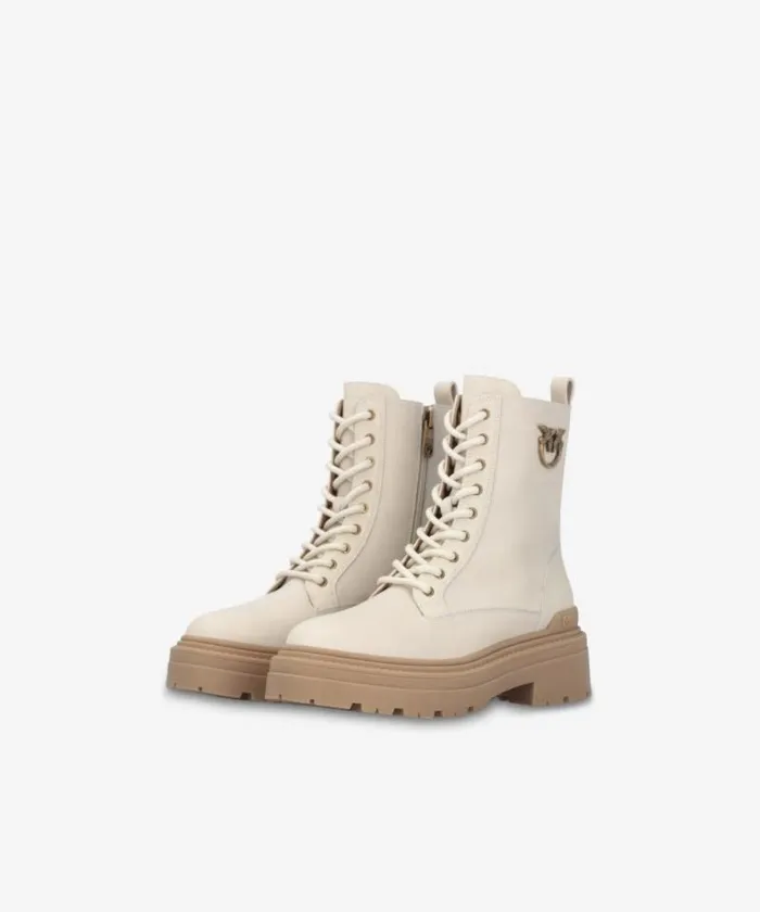Women Boots Pinko Leather Combat Boots With Metal Logo Yoghurt Women Boots Pinko Leather Combat Boots With Metal Logo Yoghurt