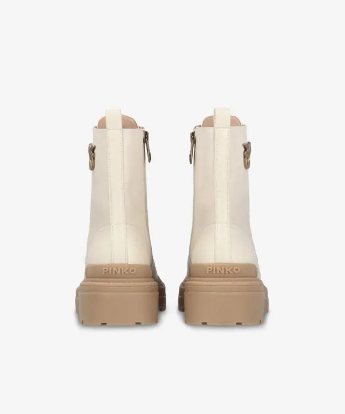 Women Boots Pinko Leather Combat Boots With Metal Logo Yoghurt Women Boots Pinko Leather Combat Boots With Metal Logo Yoghurt