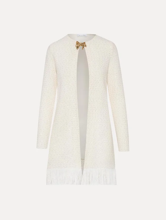 Women Bow Button Sequin Tweed Coat Ivory Gold Oscar De La Renta Jackets and Coats