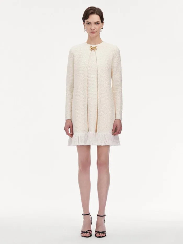 Women Bow Button Sequin Tweed Coat Ivory Gold Oscar De La Renta Jackets and Coats Women Bow Button Sequin Tweed Coat Ivory Gold Oscar De La Renta Jackets and Coats
