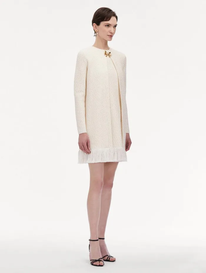 Women Bow Button Sequin Tweed Coat Ivory Gold Oscar De La Renta Jackets and Coats Women Bow Button Sequin Tweed Coat Ivory Gold Oscar De La Renta Jackets and Coats