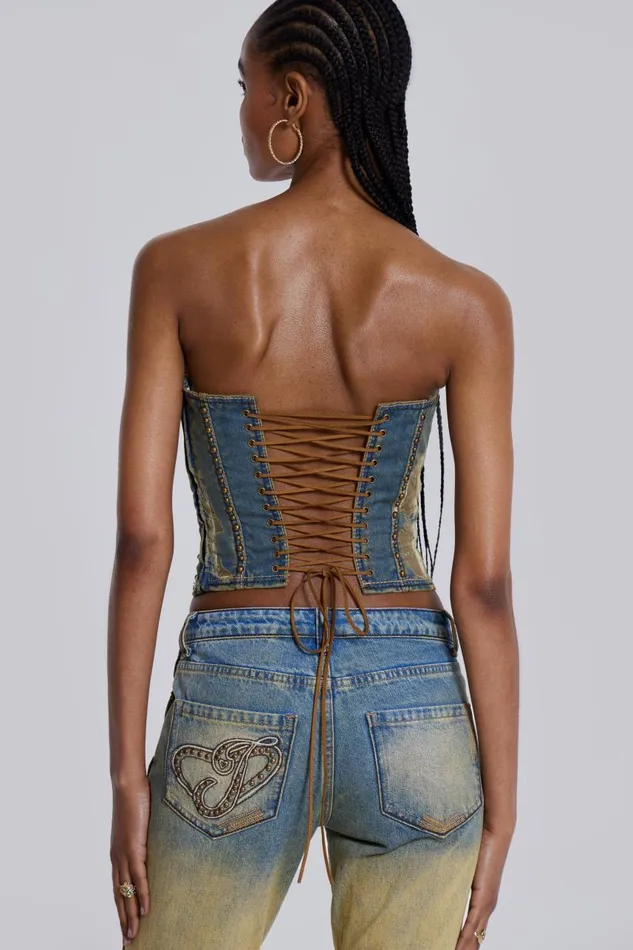 Women Burnout Studded Denim Corset Jaded London Crop Tops