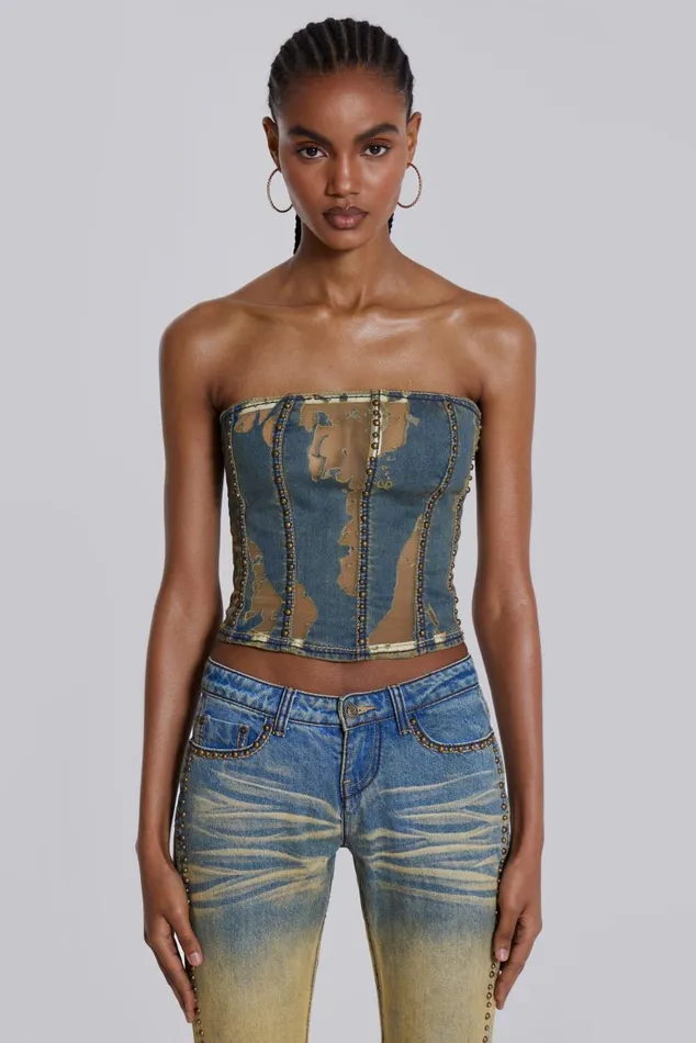 Women Burnout Studded Denim Corset Jaded London Crop Tops