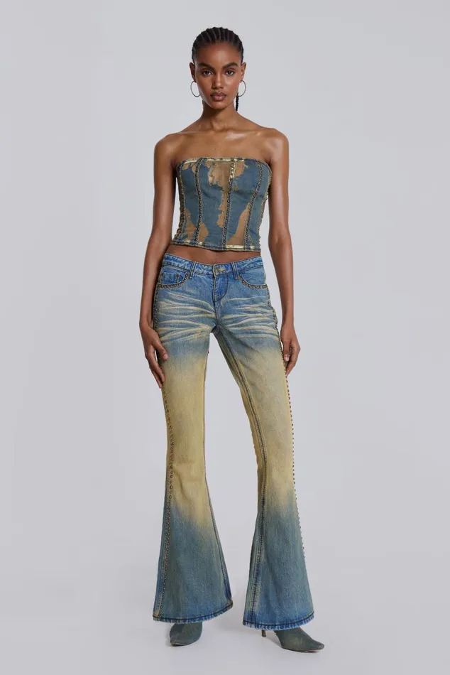 Women Burnout Studded Denim Corset Jaded London Crop Tops