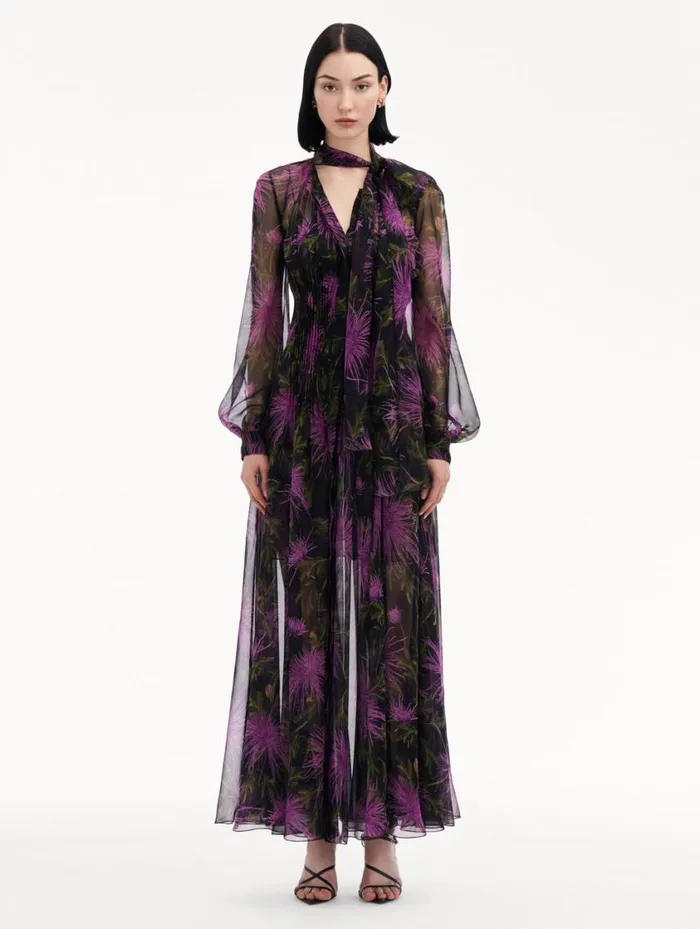 Women Chrysanthemum Chiffon Maxi Dress Purple Navy Oscar De La Renta Dresses Women Chrysanthemum Chiffon Maxi Dress Purple Navy Oscar De La Renta Dresses