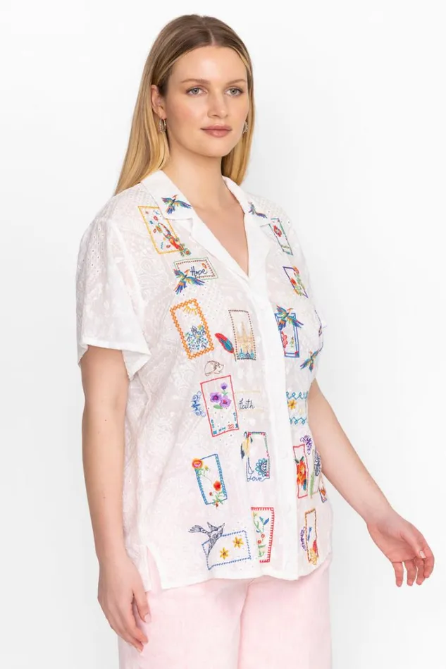 Women COOPER EMBROIDERED BUTTON UP White Johnny Was Tops Women COOPER EMBROIDERED BUTTON UP White Johnny Was Tops