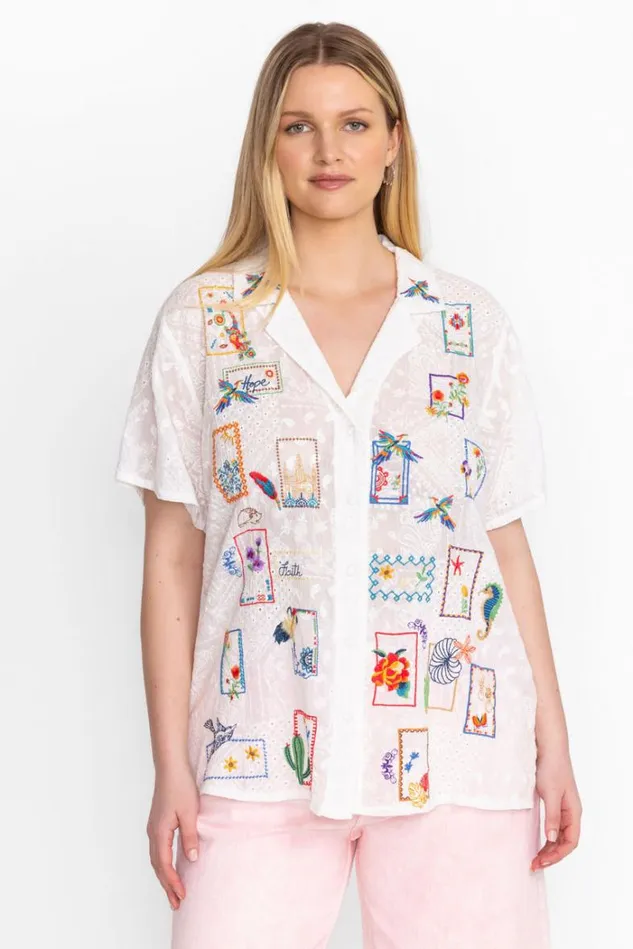 Women COOPER EMBROIDERED BUTTON UP White Johnny Was Tops Women COOPER EMBROIDERED BUTTON UP White Johnny Was Tops